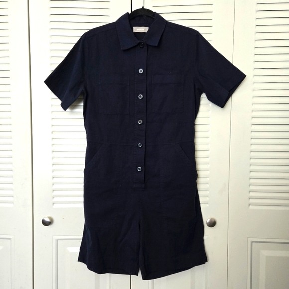 Everlane The Cotton Weave Romper Short Sleeve Pockets Navy Blue Size 4 - Picture 2 of 11